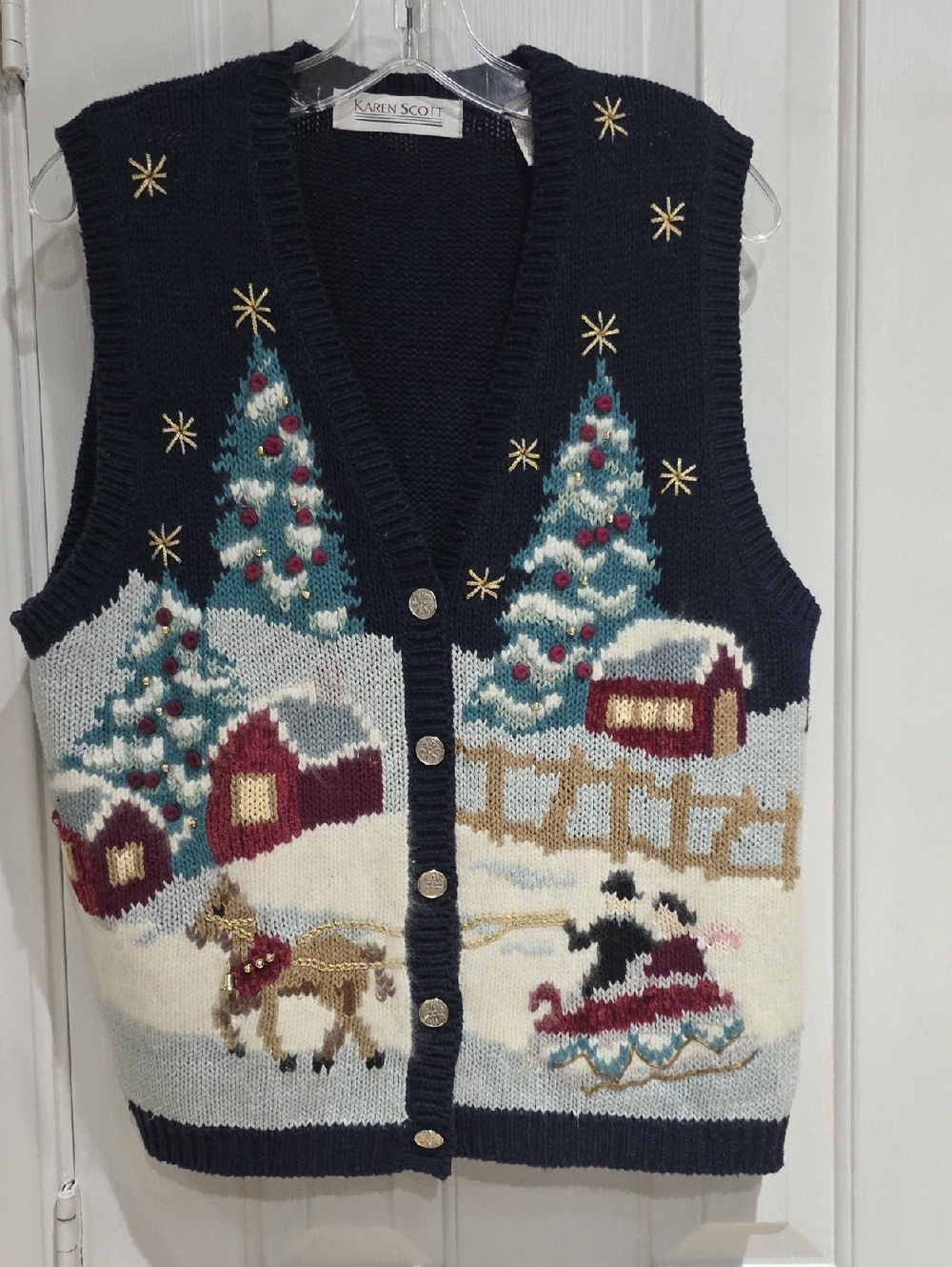 Karen Scott Vibtage Navy Holiday Knit Vest with Teal Trees and Burgundy Cabins M